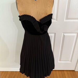 Betsey Johnson Black Velvet Strapless Pleated Dress
